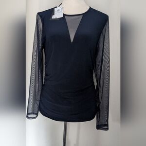 New DKNY Midnight Blue Top With Mesh Sleeves And Inset And Rusched Sides, Size M
